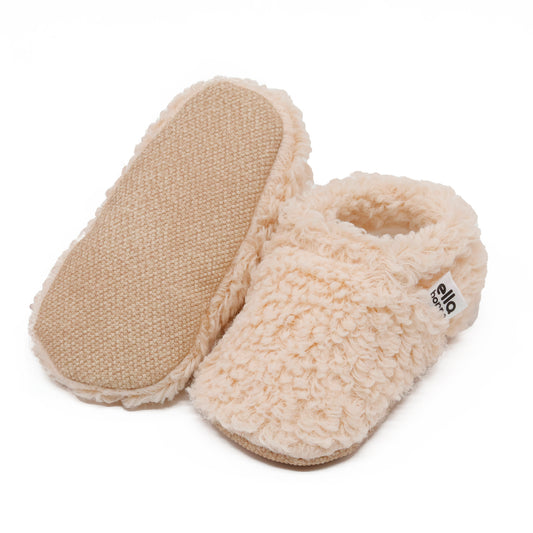 Teddy Baby Booties House Slippers, Non-Slip Sole, Organic Cotton Lining, Home Nursery Shoes, Beige